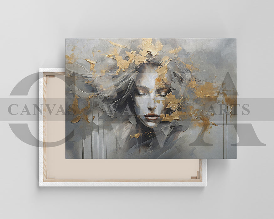 Abstract Art Print With A Woman Face And Gold Accents Canvas Wall Art