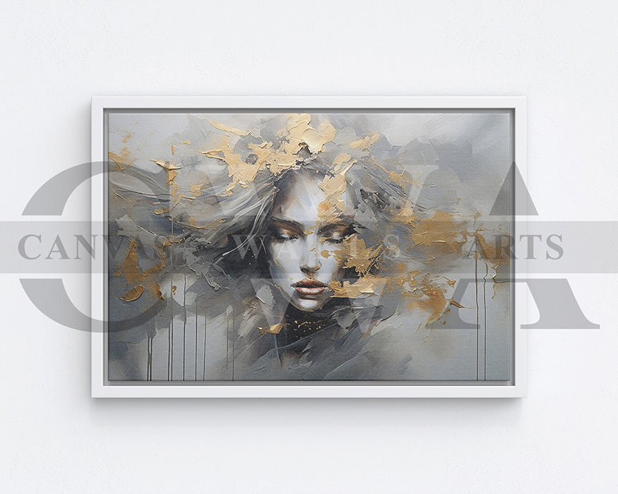 Abstract Art Print With A Woman Face And Gold Accents Canvas Wall Art