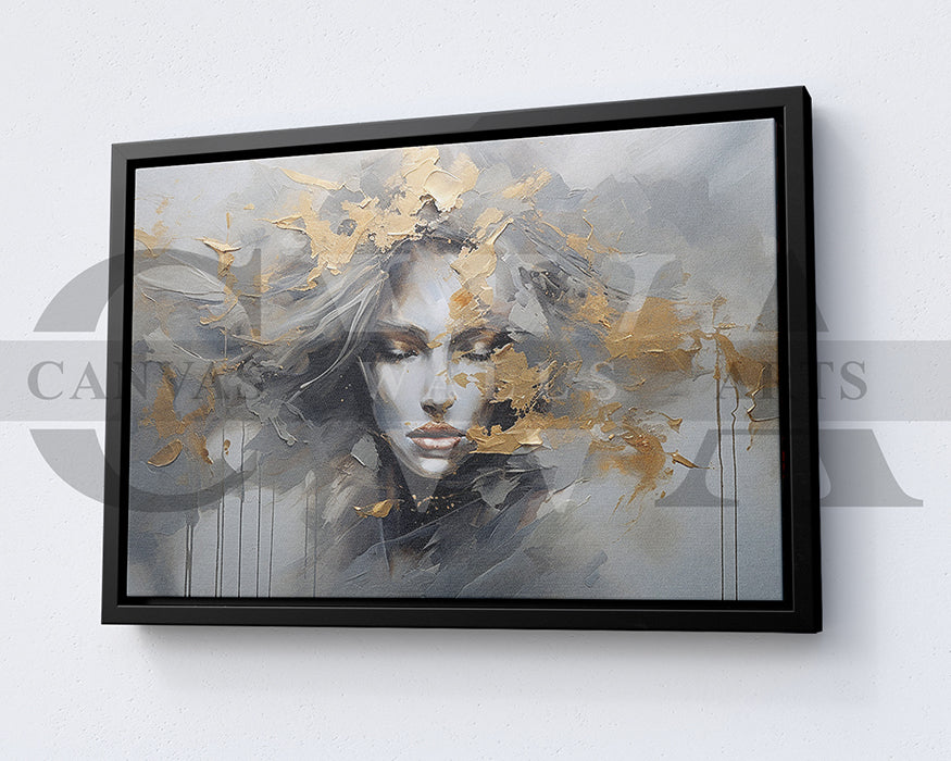 Abstract Art Print With A Woman Face And Gold Accents Canvas Wall Art
