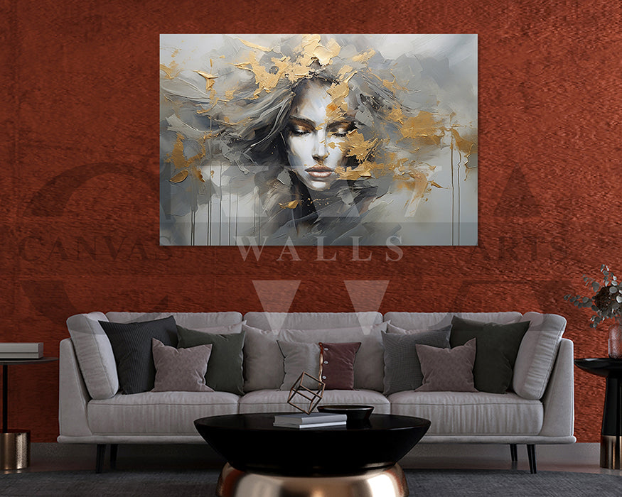 Abstract Art Print With A Woman Face And Gold Accents Canvas Wall Art