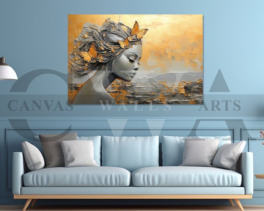Abstract Flower Head Butterfly Woman Canvas Wall Art