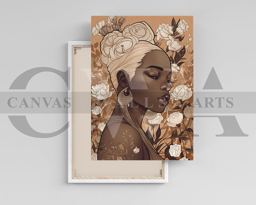 Beautiful African American Woman Flowers Canvas Wall Art