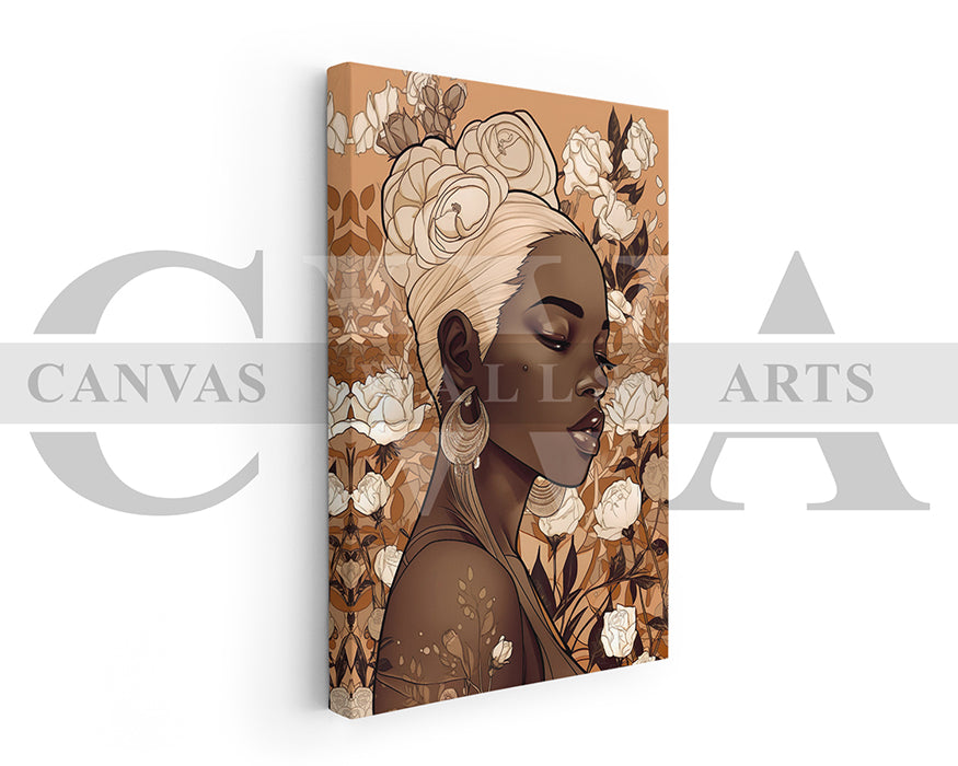 Beautiful African American Woman Flowers Canvas Wall Art