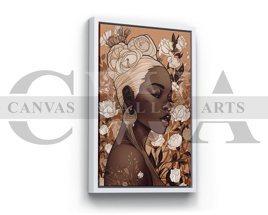 Beautiful African American Woman Flowers Canvas Wall Art