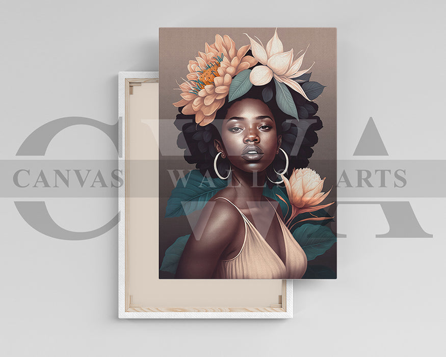 Beautiful African Woman Head Flowers Canvas Wall Art