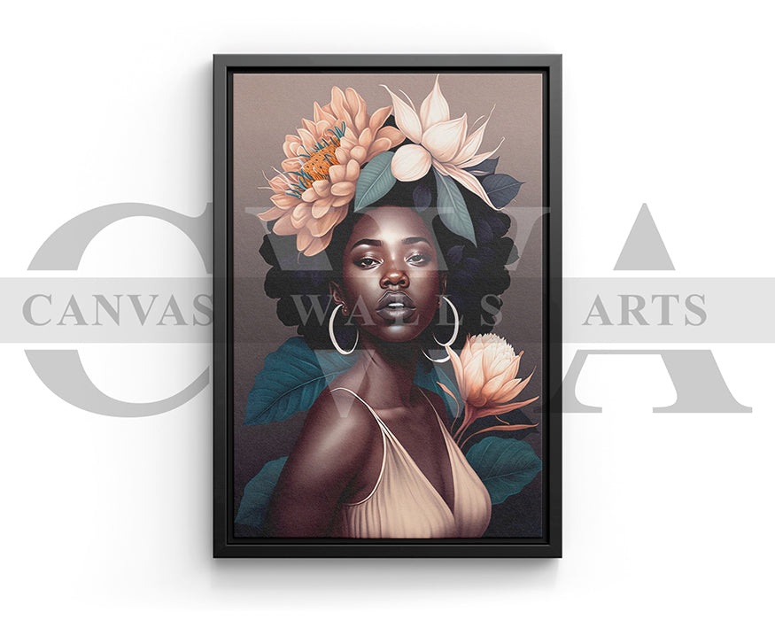 Beautiful African Woman Head Flowers Canvas Wall Art