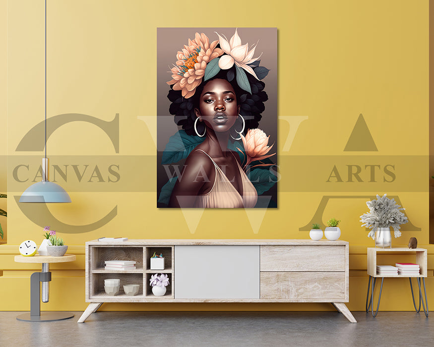 Beautiful African Woman Head Flowers Canvas Wall Art