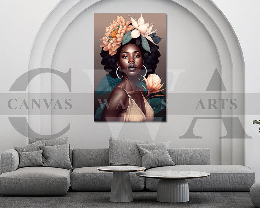 Beautiful African Woman Head Flowers Canvas Wall Art