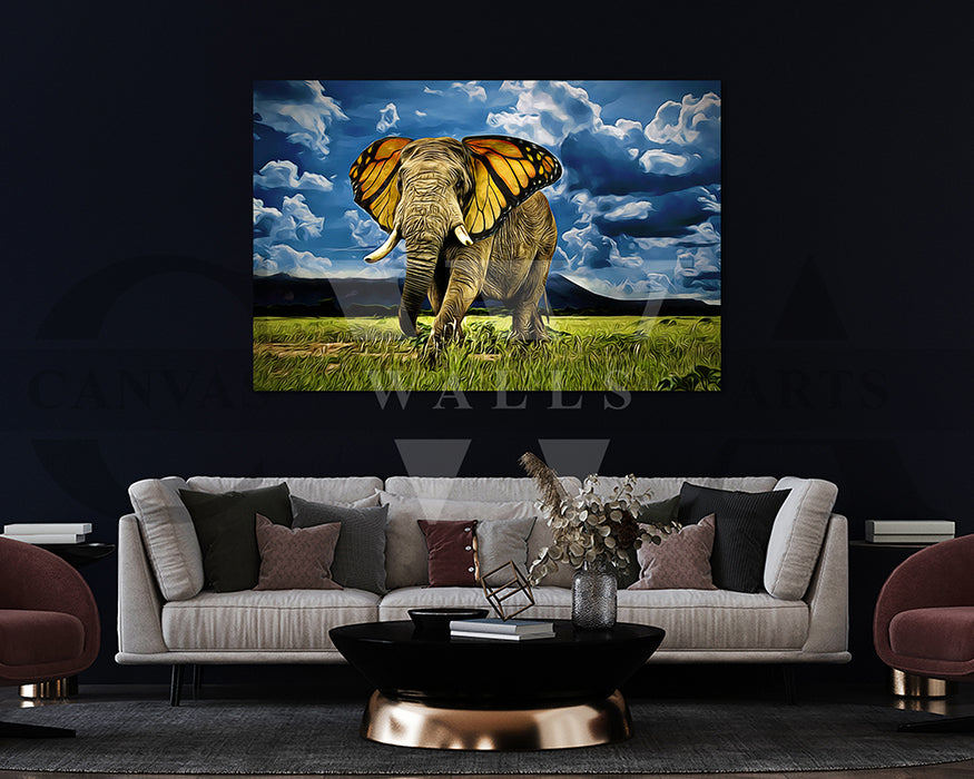 Butterfly With Elephant Canvas Wall Art Animal Poster Print
