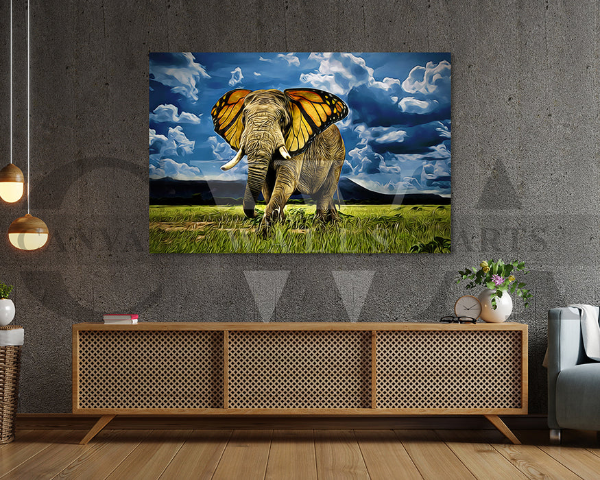 Butterfly With Elephant Canvas Wall Art Animal Poster Print