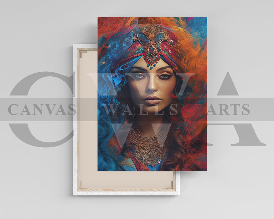 Canvas Wall Art Of A Woman With Colorful Headscarf And Jewelry