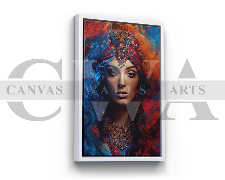 Canvas Wall Art Of A Woman With Colorful Headscarf And Jewelry