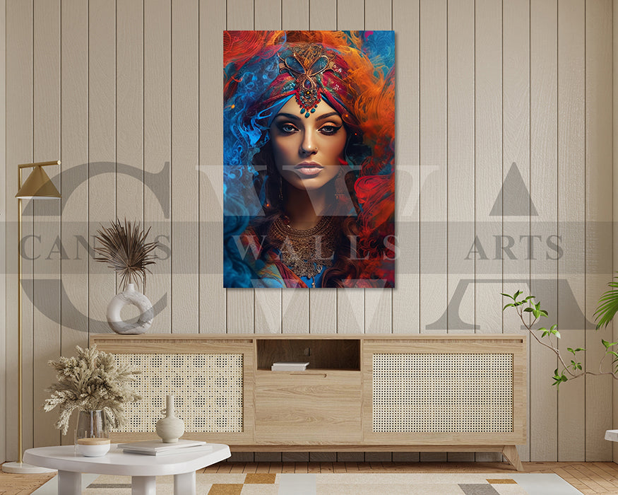 Canvas Wall Art Of A Woman With Colorful Headscarf And Jewelry