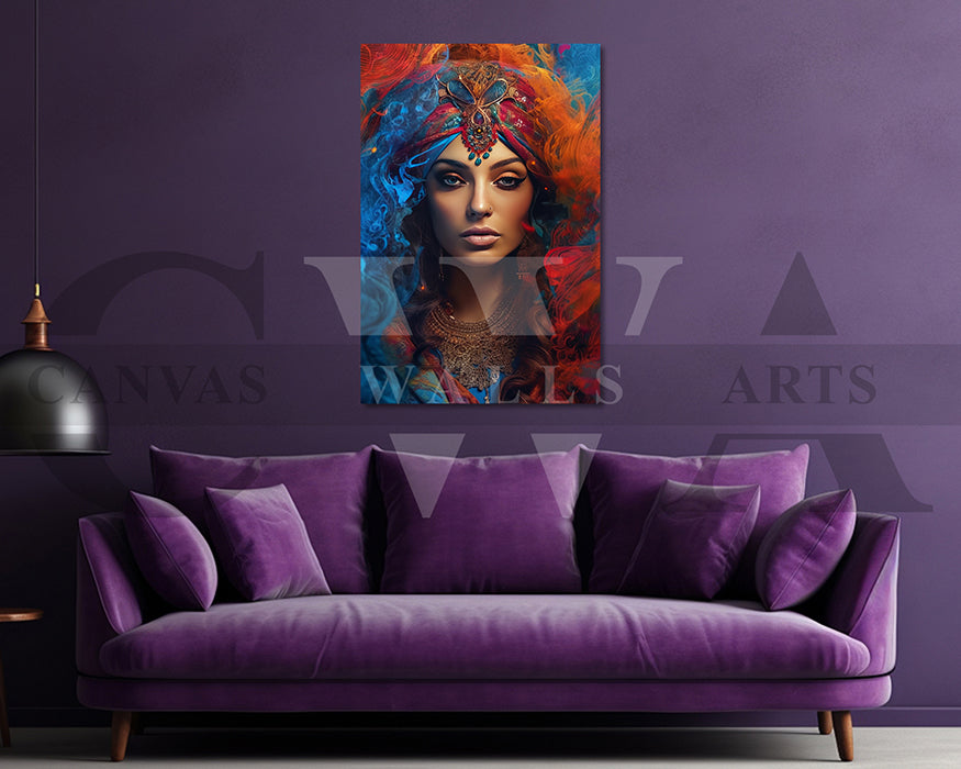 Canvas Wall Art Of A Woman With Colorful Headscarf And Jewelry