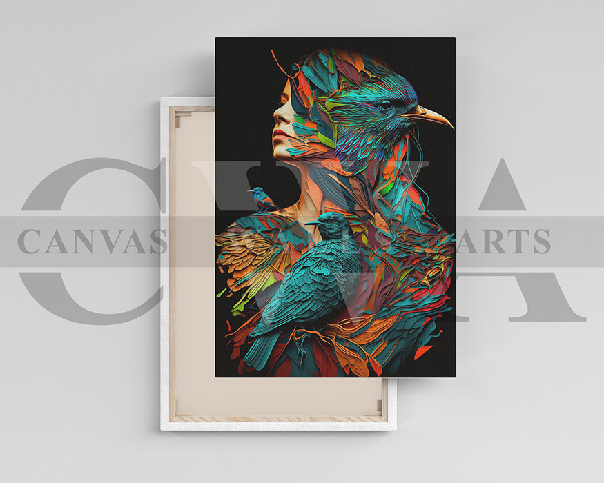 Colorful Woman With Birds Canvas Wall Art