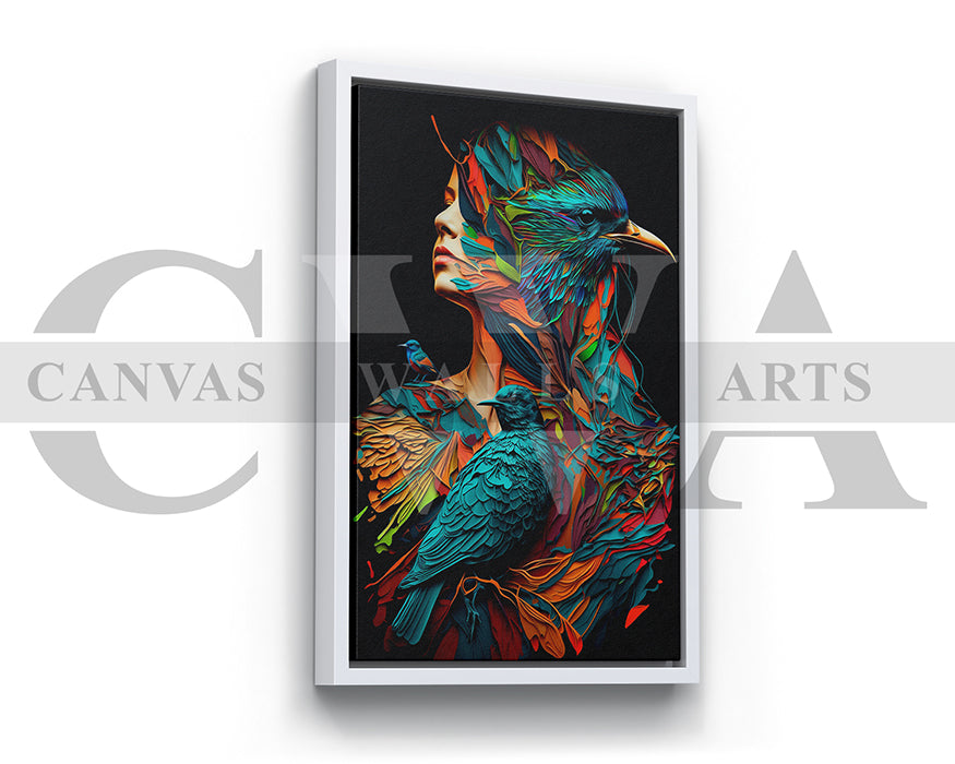 Colorful Woman With Birds Canvas Wall Art