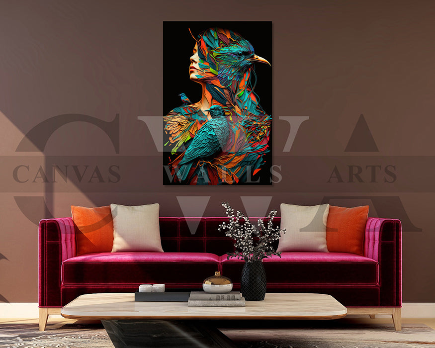 Colorful Woman With Birds Canvas Wall Art