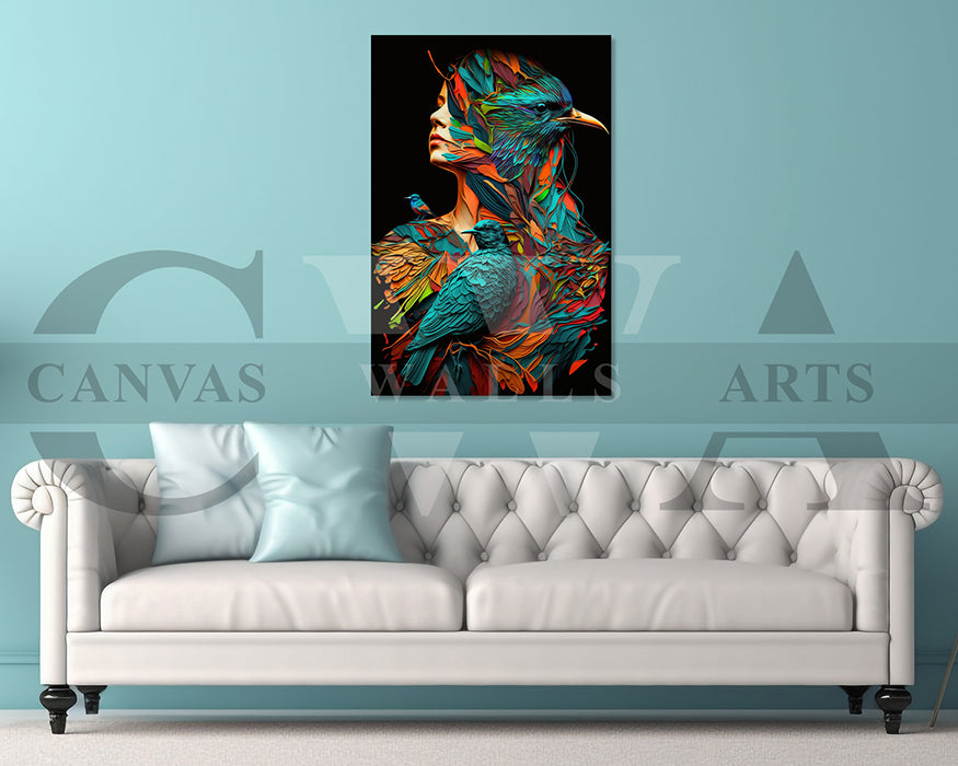 Colorful Woman With Birds Canvas Wall Art