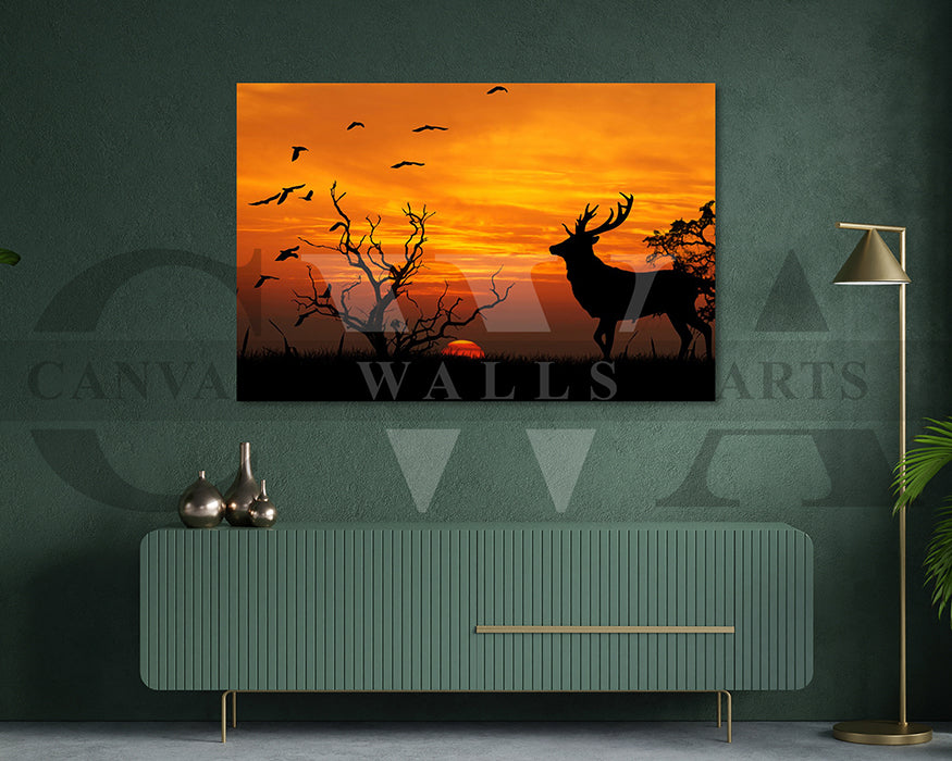 Deer Elk Sunset Canvas Wall Art Animal Poster Print