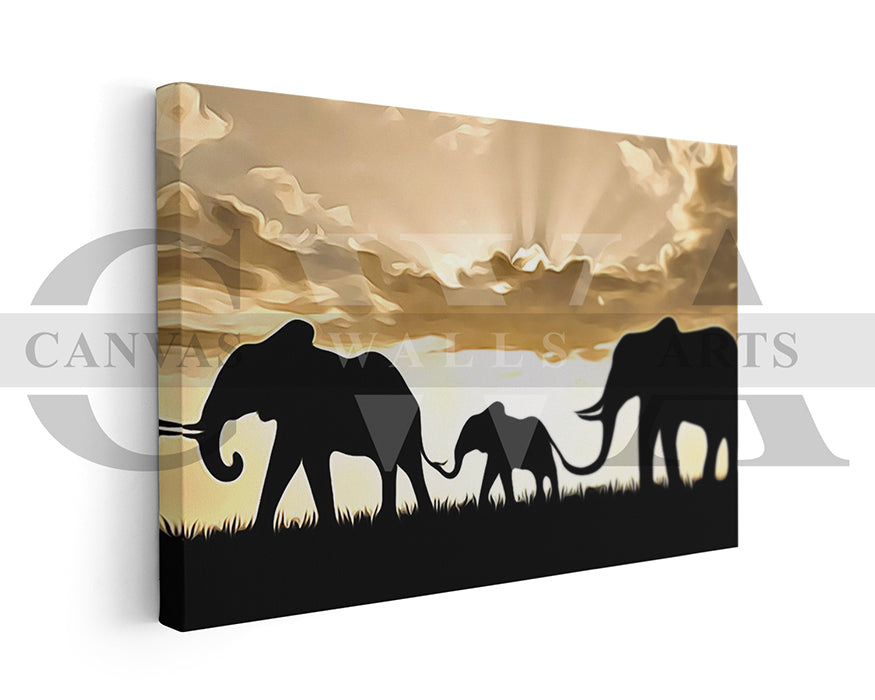 Elephants Sunset Painting Canvas Wall Art Animal Poster Print