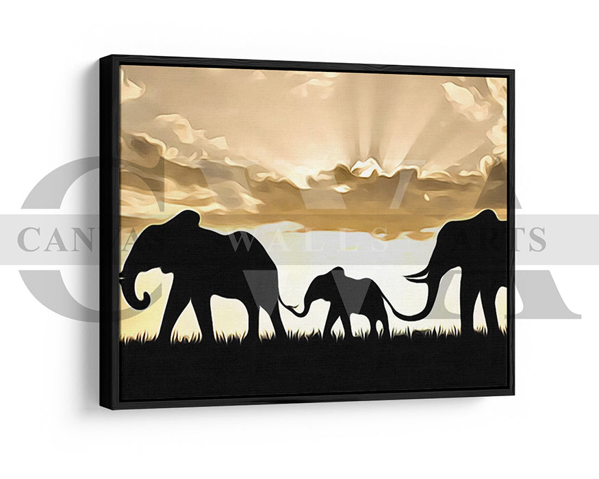 Elephants Sunset Painting Canvas Wall Art Animal Poster Print