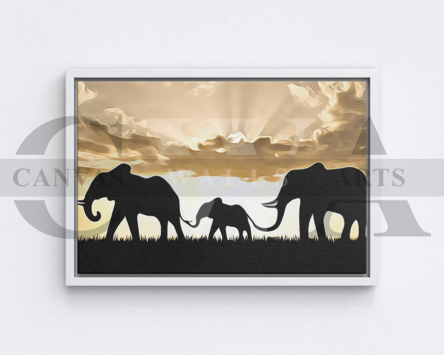 Elephants Sunset Painting Canvas Wall Art Animal Poster Print