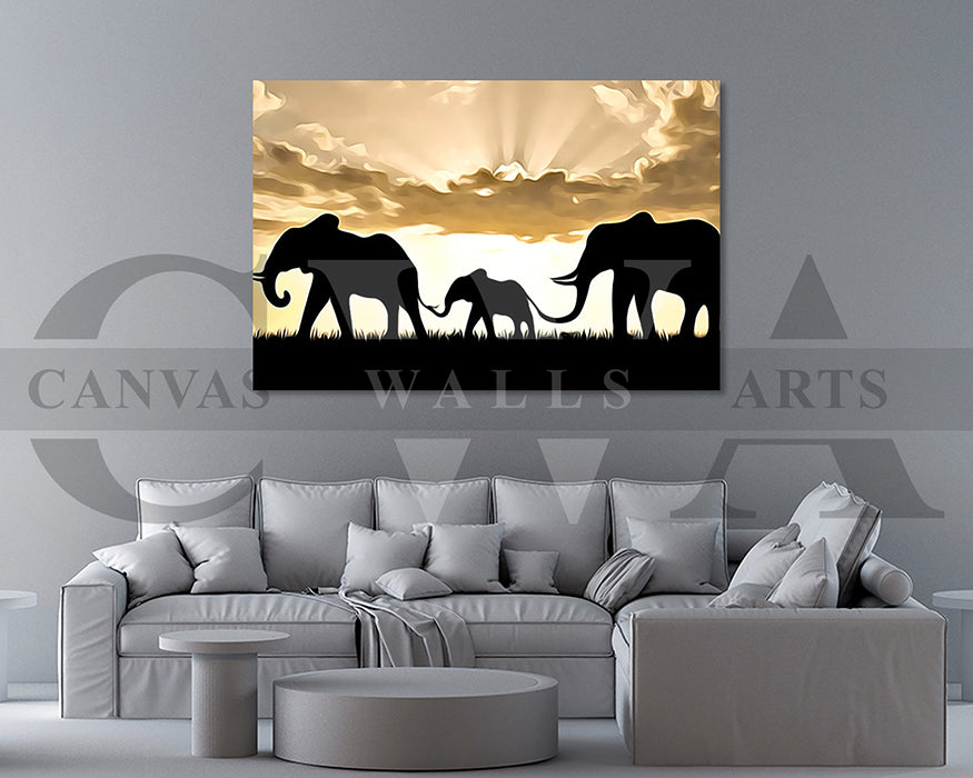 Elephants Sunset Painting Canvas Wall Art Animal Poster Print
