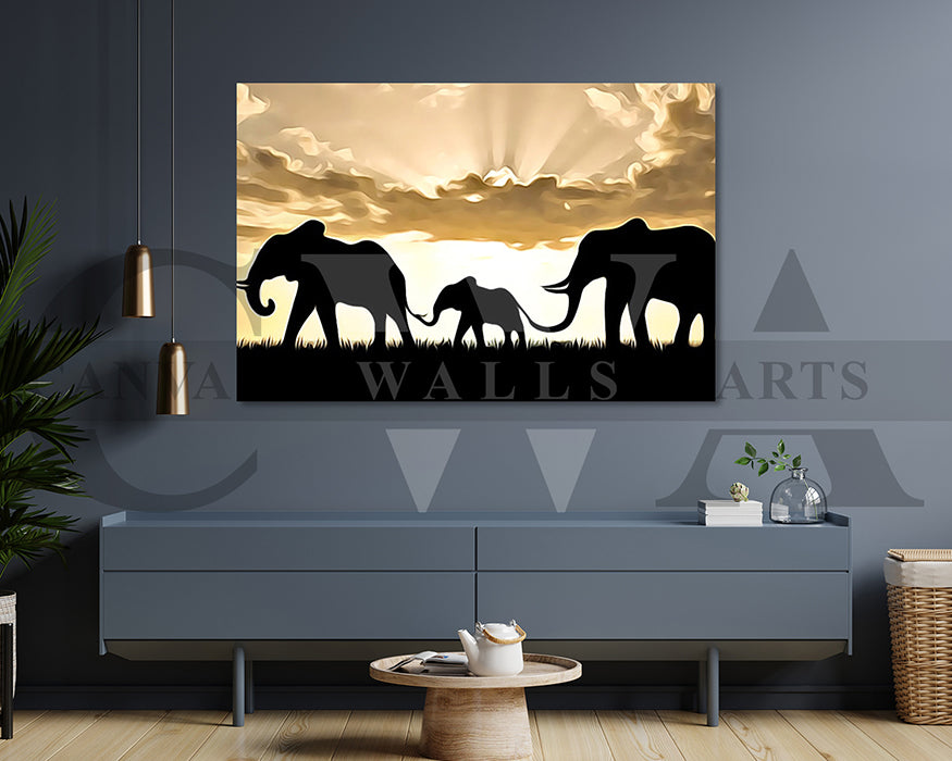Elephants Sunset Painting Canvas Wall Art Animal Poster Print