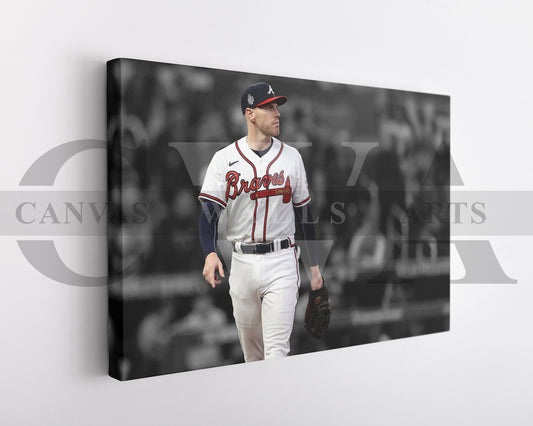 A black and white canvas art print of Fernando Tatíz Jr. wearing a baseball cap and jersey, standing on a field.