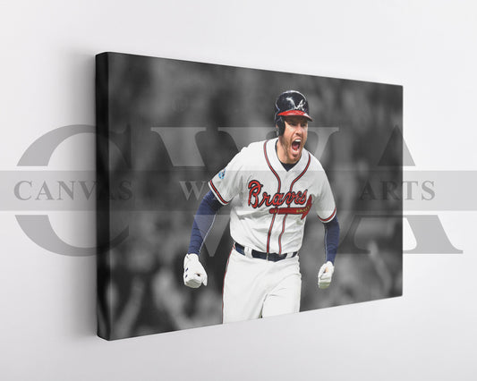 A black and white canvas art print of Fernando Tatíz Jr in a Atlanta Braves baseball uniform, capturing a moment of action and excitement.