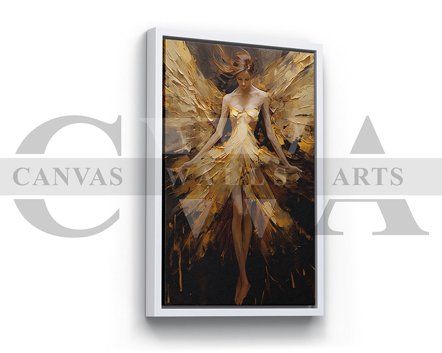 Girl Angel With Gold Wings Canvas Wall Art