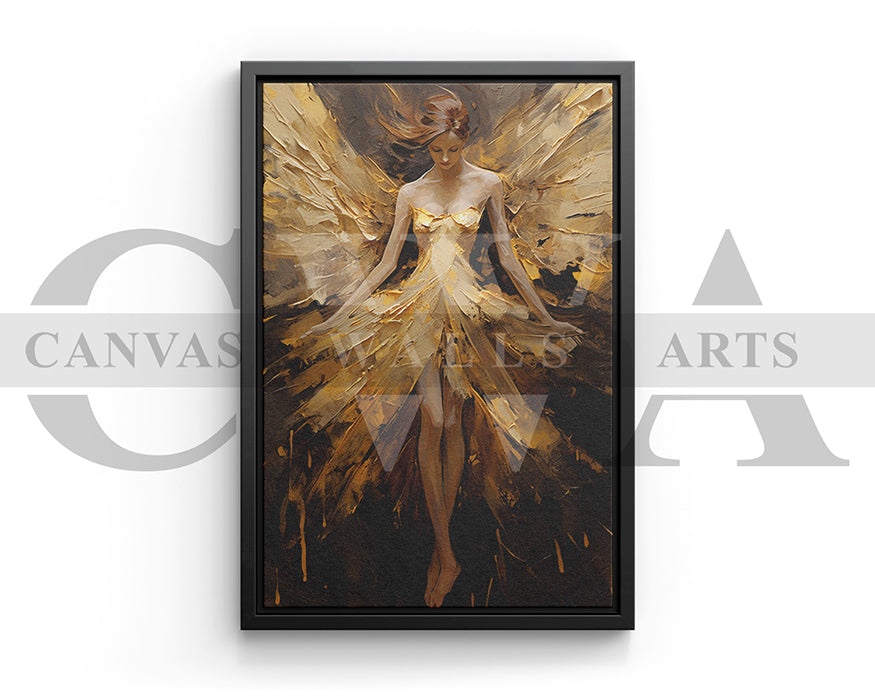 Girl Angel With Gold Wings Canvas Wall Art