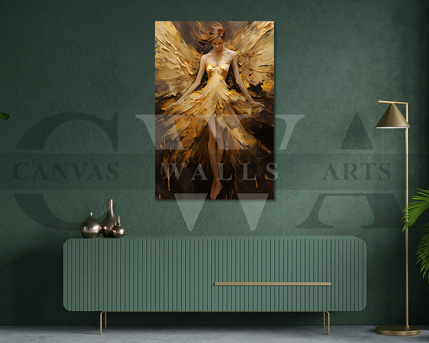Girl Angel With Gold Wings Canvas Wall Art