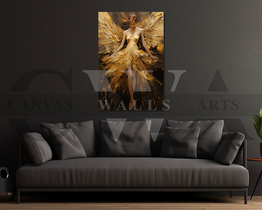 Girl Angel With Gold Wings Canvas Wall Art