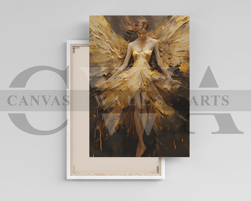 Girl Angel With Gold Wings Canvas Wall Art