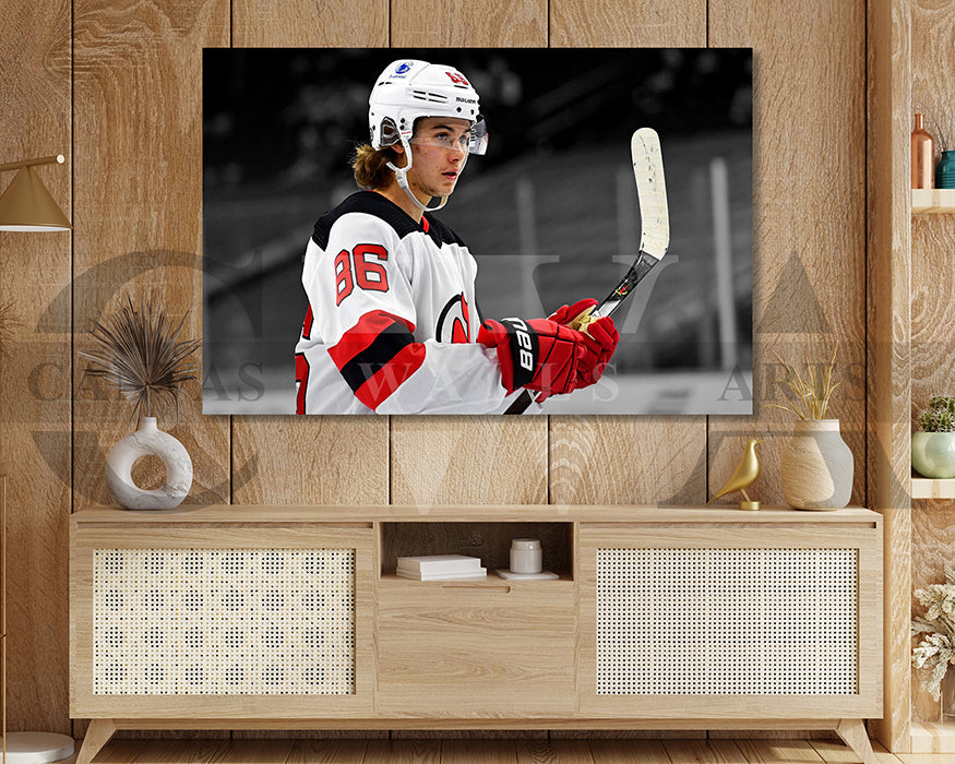 Jack Hughes Black & White Canvas Art Ice hockey Canvas Wall Art