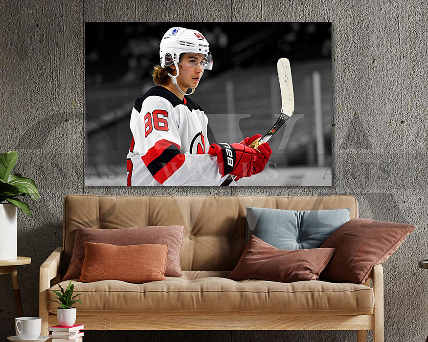 Jack Hughes Black & White Canvas Art Ice hockey Canvas Wall Art