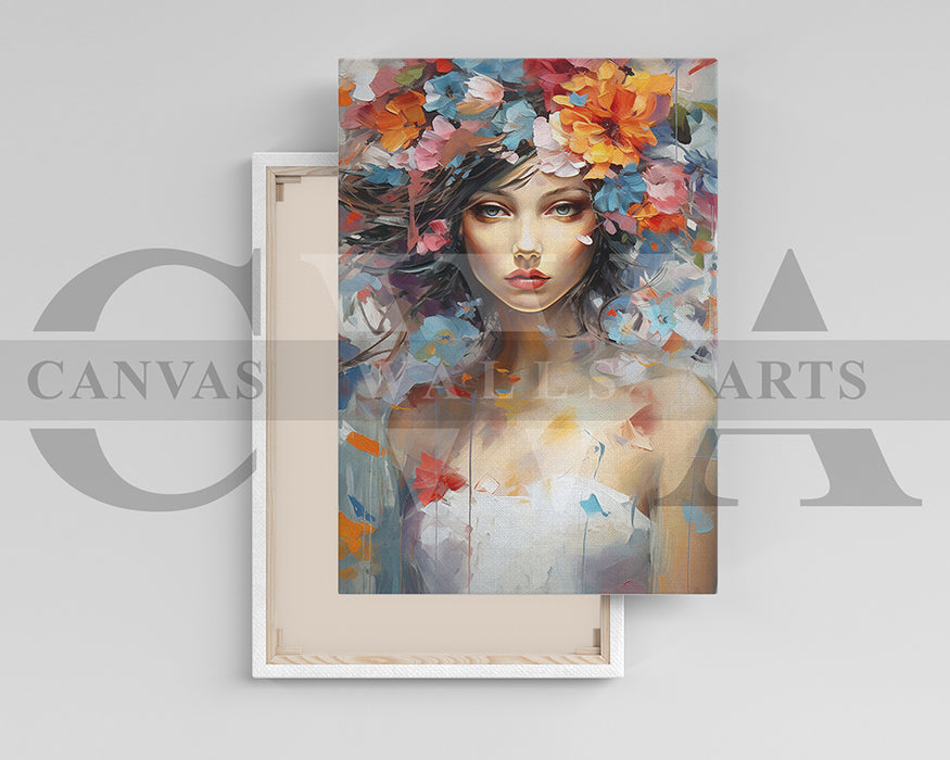 Painting of Beautiful Woman and Flowers Canvas Art