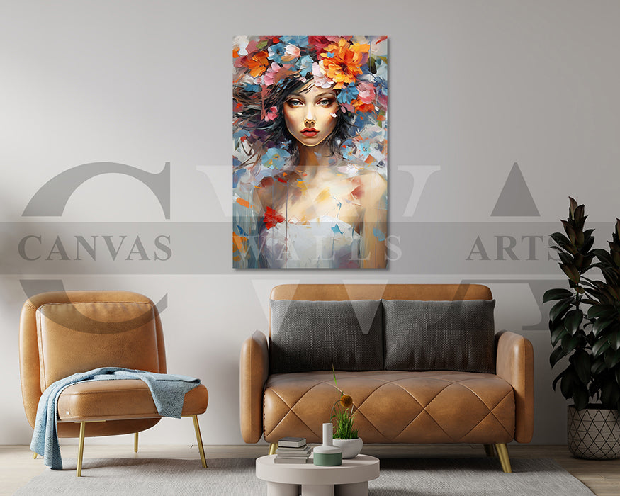 Painting of Beautiful Woman and Flowers Canvas Art