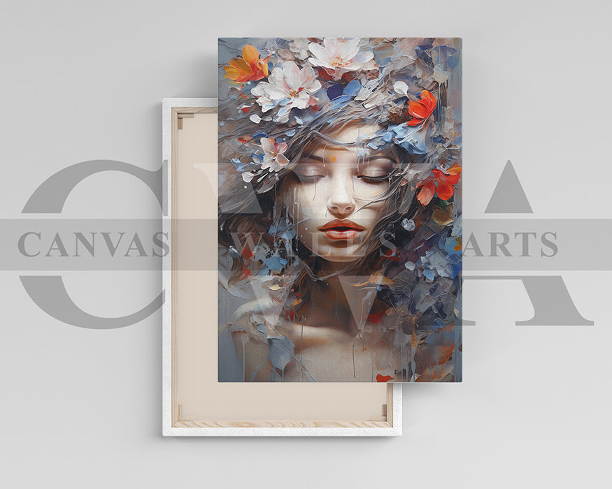 Painting of Beautiful Woman and Flowers Canvas Print