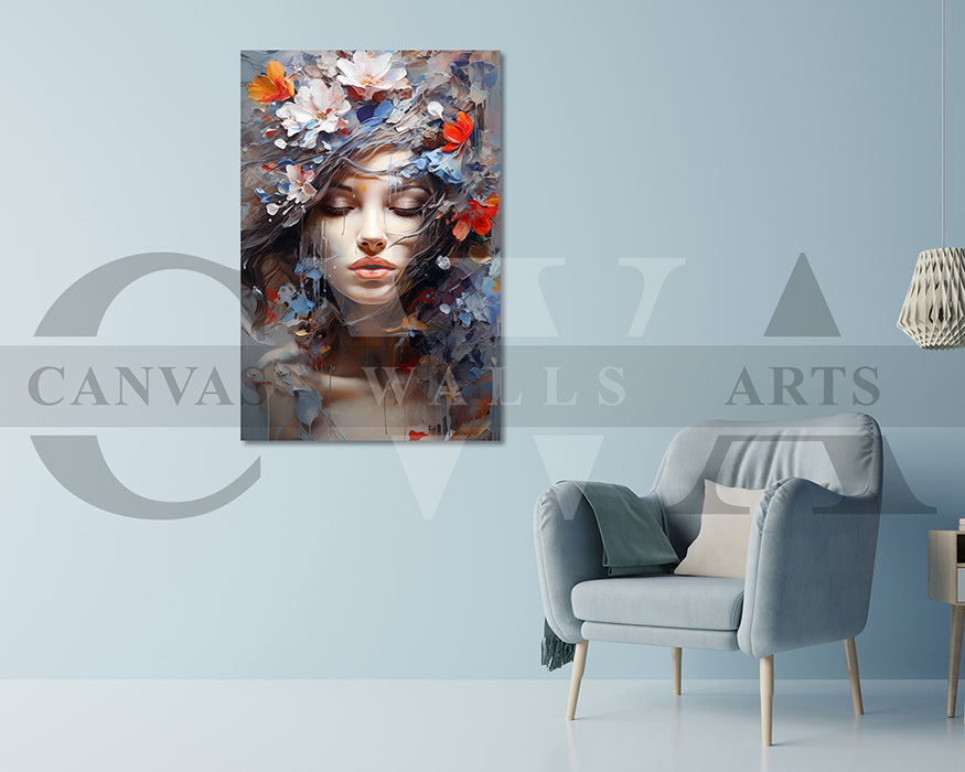 Painting of Beautiful Woman and Flowers Canvas Print