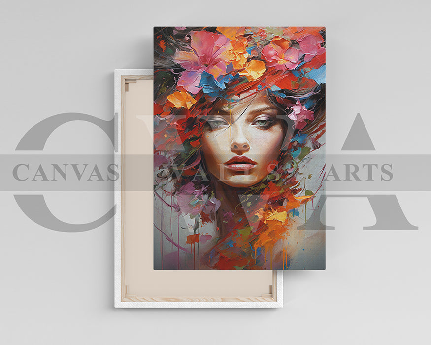 Painting of Beautiful Woman and Flowers Canvas Wall Art