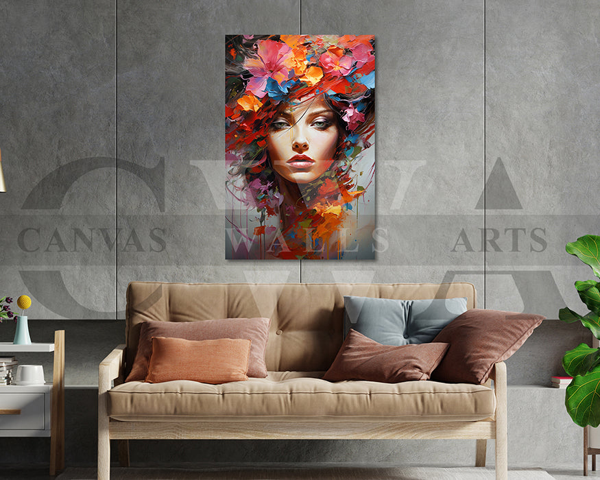Painting of Beautiful Woman and Flowers Canvas Wall Art