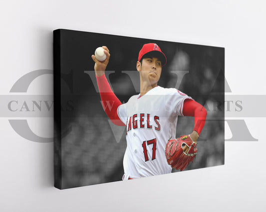 A canvas wall art print featuring a black and white image of the baseball player Shohei Ohtani in mid-pitching action, wearing a Los Angeles Angels uniform, with the number 17 visible.