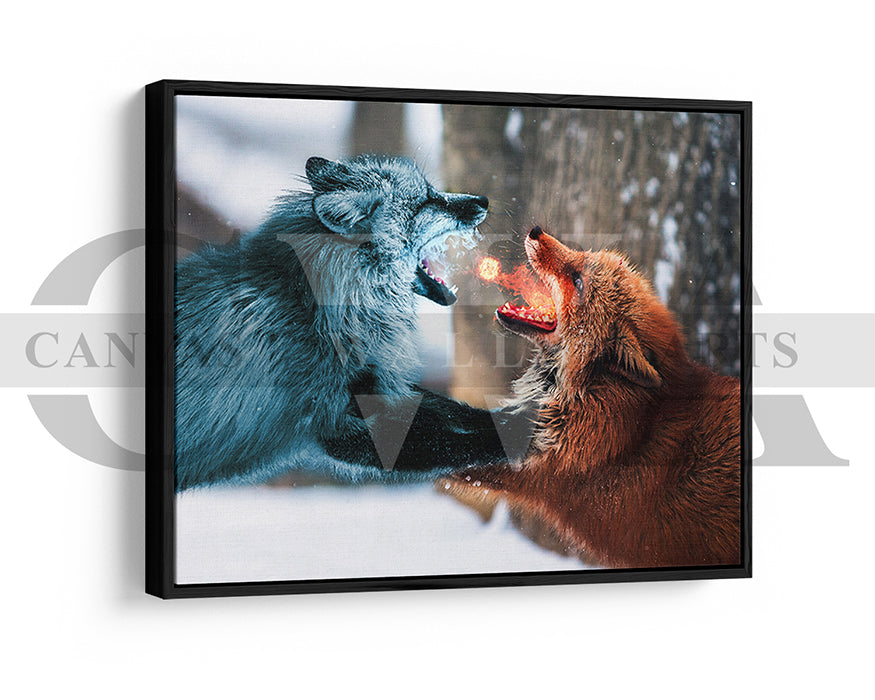 Wolf Fight Fire vs. Ice Canvas Wall Art Animal Poster Print