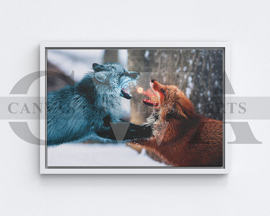 Wolf Fight Fire vs. Ice Canvas Wall Art Animal Poster Print