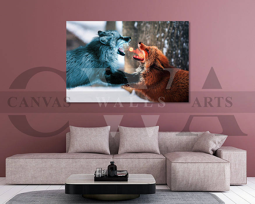 Wolf Fight Fire vs. Ice Canvas Wall Art Animal Poster Print