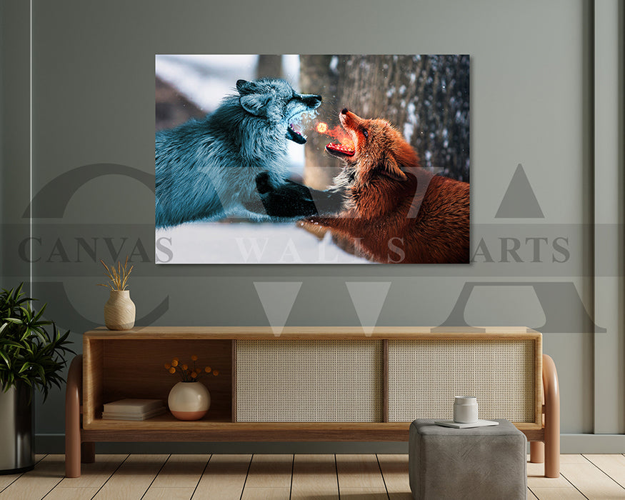 Wolf Fight Fire vs. Ice Canvas Wall Art Animal Poster Print