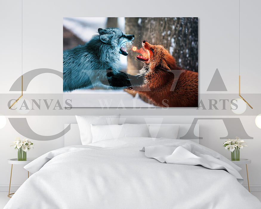 Wolf Fight Fire vs. Ice Canvas Wall Art Animal Poster Print