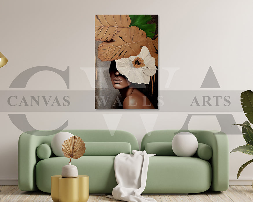 Woman Face Flowers and Leaves Canvas Print
